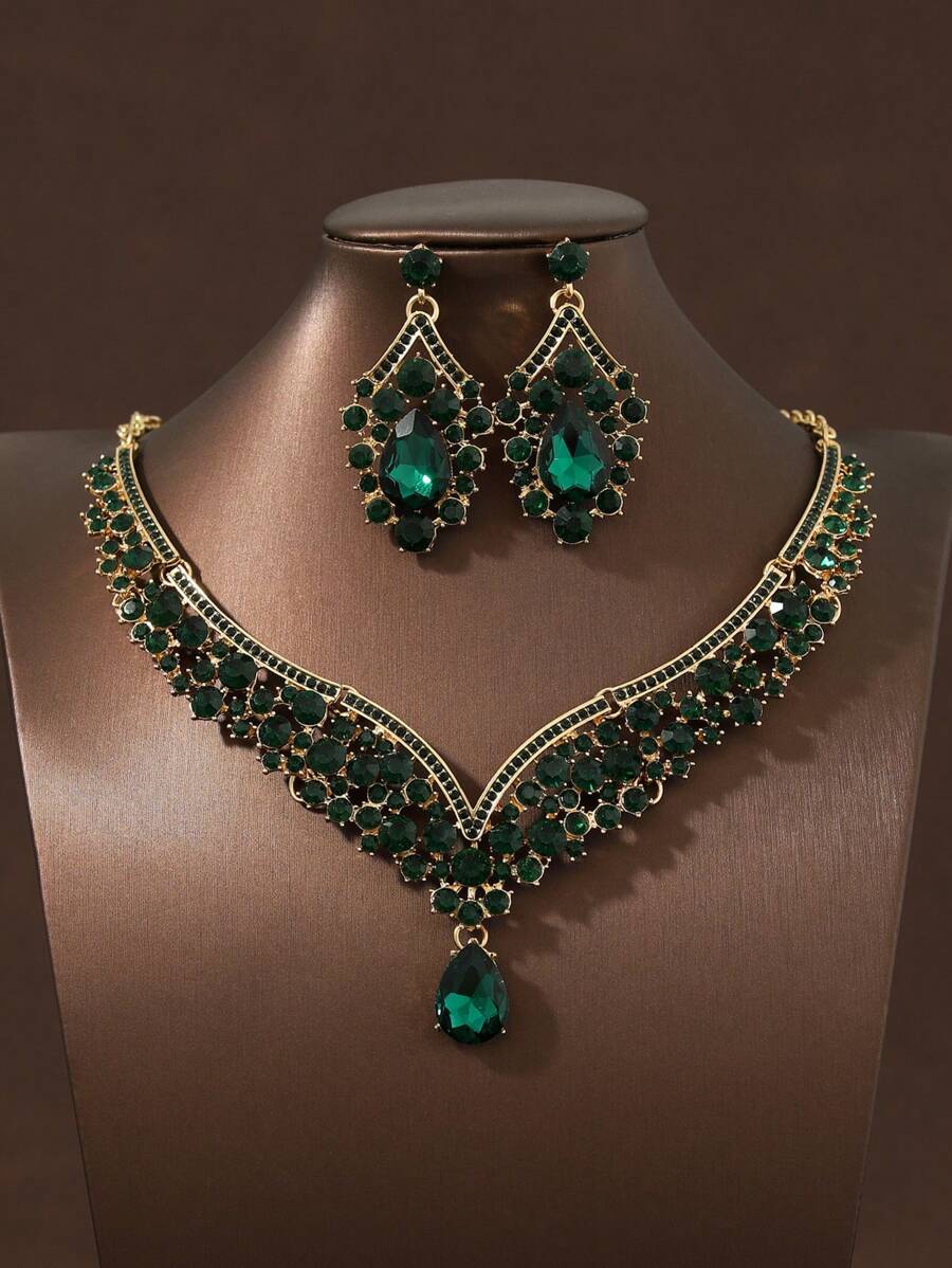 3 件套女士军绿色项链耳环首饰套装，优雅婚礼和派对配饰
