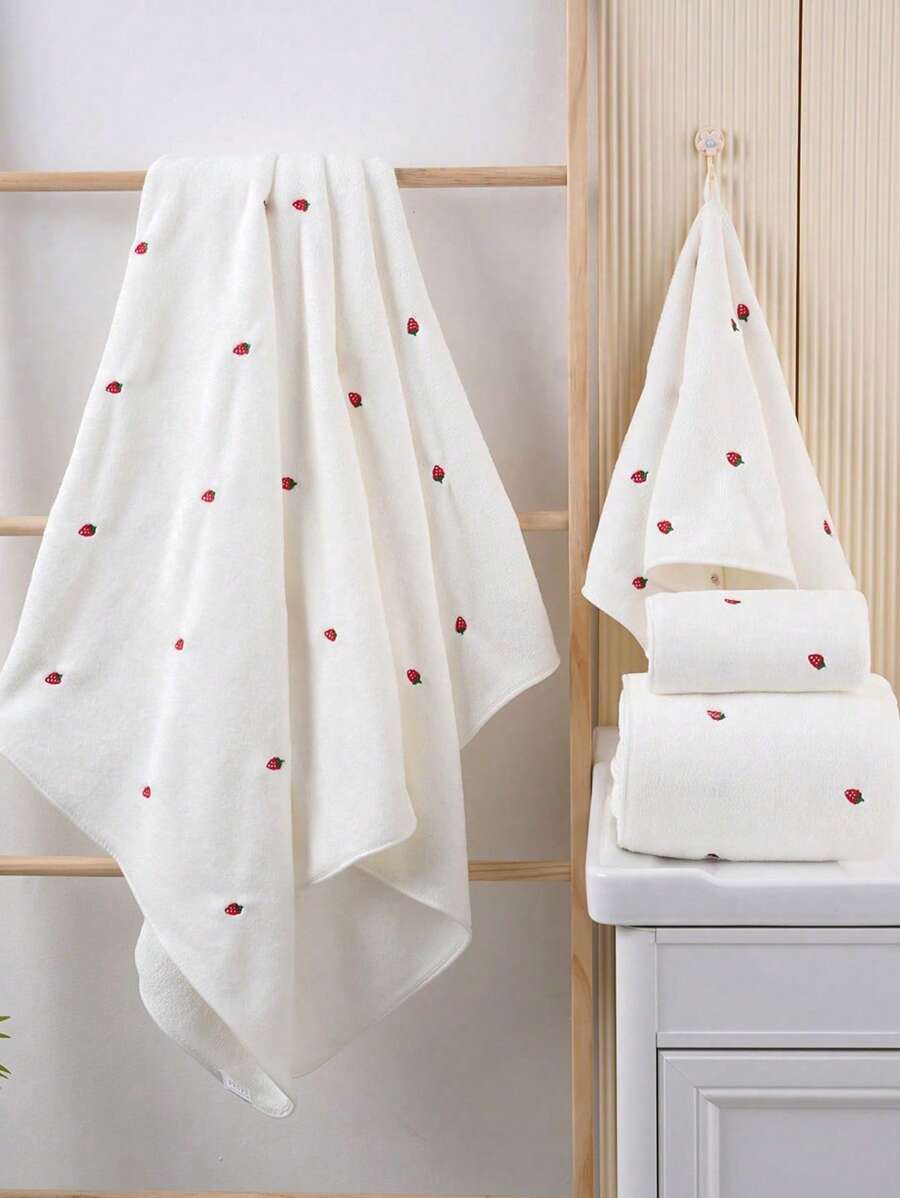 1 pièce Serviette décorative en polaire de corail brodée de fraises, serviette de bain/de toilette absorbante et douce, décoration de maison et de salle de bain