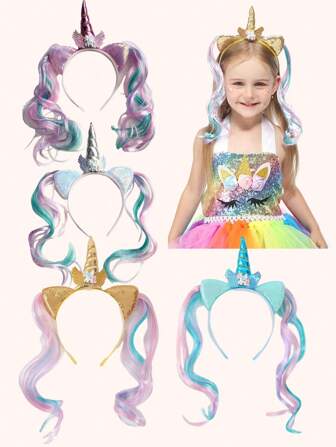 1pc New Unicorn Headband With Wig For Kids, Cute Cartoon Horse Hair Accessories, Girl Hair Decoration, Party Favor, Gift For Children