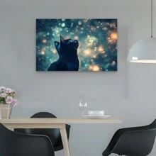 Vintage Cat And Starry Night Canvas Art, Sparkling Stars And Blue Sky, Perfect For Home, Teen Rooms, And Farmhouse Style