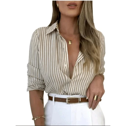 Camisa Social Feminina Blusa Manga Longa Listrada Com Botoes Tendecia 2025
