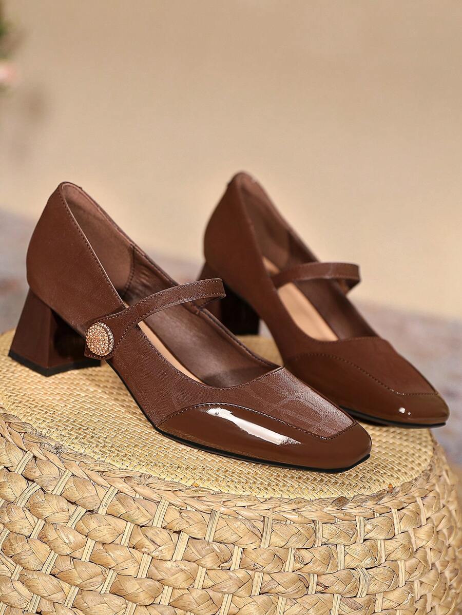 Sandalias con tacón de bloque de punta cuadrada, decoradas con strass y cierre de gancho y bucle, para uso casual y al aire libre, de moda con tacones altos para primavera y otoño - Marrón - Ver 1