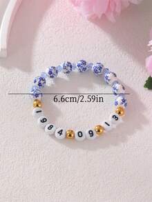1 pièce Bracelet à cordon élastique en acier inoxydable 18K avec nom personnalisé et date de naissance, imitation porcelaine bleue et blanche. Convient comme cadeau de tous les jours/fête pour femmes. - Multicolore - Voir 4