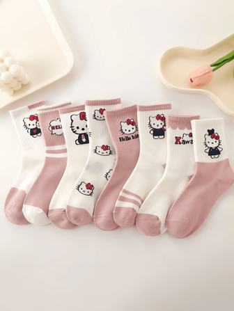  随机发货 1PC/3PC/4PC/5PC/6PC/8PC/10PC/12PCSanrio Hello Kitty Kuromi Melody 卡通动漫图案儿童中长袜，春夏运动袜，透气、防臭、吸汗袜子适合 9-25 岁。