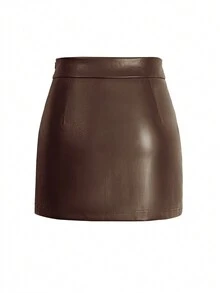 Women Solid Color Bodycon PU Leather Sexy Skirt - Brown - View 4