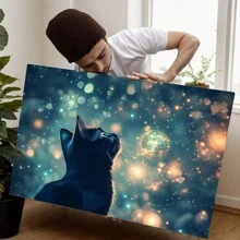 Vintage Cat And Starry Night Canvas Art, Sparkling Stars And Blue Sky, Perfect For Home, Teen Rooms, And Farmhouse Style