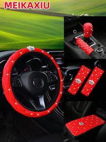MEIKAXIU 6pcs Set 3D Soft Leather Rhinestone Embroidery Shiny Crown Bling Bling Black Pink Red Car Steering Wheel Cover, Shoulder Pad, Handbrake Cover, Gear Shift Cover, Universal Car Interior Accessories - one-size - View 3