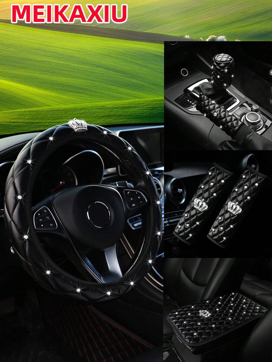 MEIKAXIU 6pcs Set 3D Soft Leather Rhinestone Embroidery Shiny Crown Bling Bling Black Pink Red Car Steering Wheel Cover, Shoulder Pad, Handbrake Cover, Gear Shift Cover, Universal Car Interior Accessories - one-size - View 1