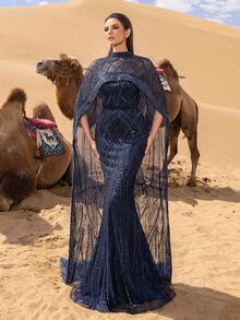 Faeriesty Đầm dạ hội và váy dự tiệc cưới sang trọng, cổ cao giả, dáng đuôi cá đính cườm, kiểu áo choàng, thanh lịch. - Màu xanh hải quân - Xem 6