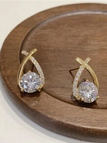 1 paire de boucles d'oreilles de luxe à la mode avec zircone en forme de goutte d'eau et design croisé. Conception haut de gamme exquise, convient