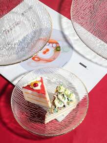 1pc Modern Minimalist Glass Plate For Home & Dining, Transparent Striped Gold Rimmed Dessert, Fruit & Salad Serving Platter