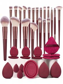 36pcs Makeup Brush & Sponge Tool Full Set. Includes 20pcs Face Makeup Brush Set, Such As Powder Brush, Blush Brush, Foundation Brush (Finger Grip), Contour Brush, Concealer Brush, Highlighter Brush, Etc. Makeup Brush Set, Makeup Brush Set, Makeup Brush Set, Complete Makeup Brushes, Makeup Set, Makeup Gift Set. - Burgundy - View 1