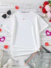 Tween Girl Cartoon Character & Letter Print Short Sleeve T-Shirt