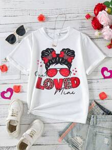 Tween Girl Cartoon Character & Letter Print Short Sleeve T-Shirt