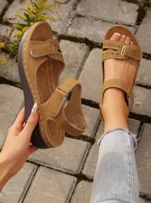 Women Summer Casual Wedge Thick Sole Sandals, Cross Strap Platform Slides, Fashion Flat Slippers In Black, White, Red - Khaki - View 2