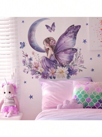 1 st. Maan, Droomvlindermeisje Muursticker Voor Tienerkamerdecoratie, Kinderkamer Achtergronddecoratie