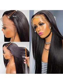 6-36英寸无胶真人发假发，180%密度，直发蕾丝前假发，13X4蕾丝前假发，巴西真人发假发，透明蕾丝前假发，预拔毛自然混合发蕾丝假发，带婴儿发，女士专用，折扣价，6-36英寸，适合所有浅米色肤色和种族，可用作摄影假发、圣诞装饰、女士圣诞礼物（6-16英寸波波头假发） - 黑色 - 查看 5