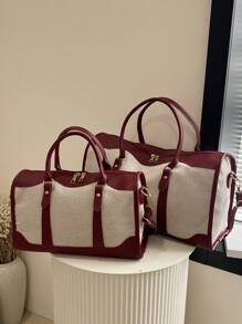 1 件帆布撞色拼布时尚行李袋，男女通用旅行行李袋，适合过夜、通勤、短途旅行（小号适合通勤，大号适合短途旅行）学校包学校配件学校用品 - 紅色 - 查看 3