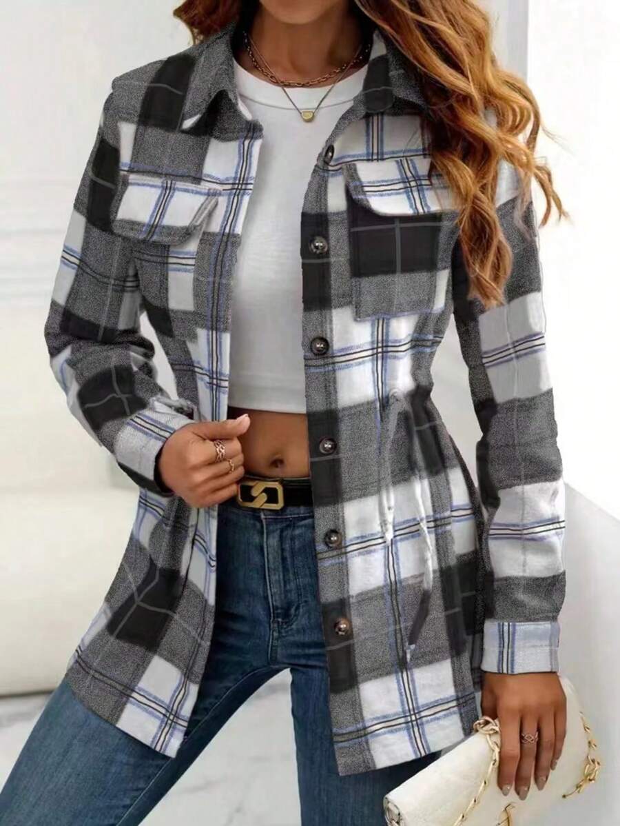 Women's Button-Front Long Sleeve Plaid Casual Shirt With Pockets Black Spring - Black - View 1