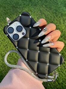 Luxury Glitter Quilted With Shiny Strap Phone Case Compatible With IPhone 17 15 Pro Max 13 14 12 11 16 - Black - View 3