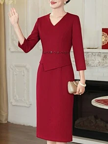 2026 New Spring V-Neck Casual Midi Dress, Luxury Evening Gown With 3/4 Sleeves For Women, Sparkling Heavy Rhinestone Details, Slightly Elastic Slim Fit Fabric, Elegant Women's Outfit For Wedding/Party/Occasion/Engagement/Ceremony/Guest/Social/Birthday/Dinner/Gathering/Graduation Ceremony Mom Outfit - Burgundy - View 4