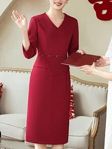2026 New Spring V-Neck Casual Midi Dress, Luxury Evening Gown With 3/4 Sleeves For Women, Sparkling Heavy Rhinestone Details, Slightly Elastic Slim Fit Fabric, Elegant Women's Outfit For Wedding/Party/Occasion/Engagement/Ceremony/Guest/Social/Birthday/Dinner/Gathering/Graduation Ceremony Mom Outfit - Burgundy - View 7