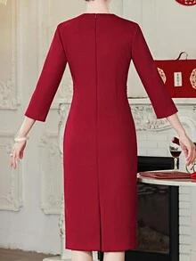 2026 New Spring V-Neck Casual Midi Dress, Luxury Evening Gown With 3/4 Sleeves For Women, Sparkling Heavy Rhinestone Details, Slightly Elastic Slim Fit Fabric, Elegant Women's Outfit For Wedding/Party/Occasion/Engagement/Ceremony/Guest/Social/Birthday/Dinner/Gathering/Graduation Ceremony Mom Outfit - Burgundy - View 8