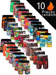10pcs Fashionable Pattern Men's Long Boxer Briefs, Graffiti Style High Elasticity Long Boxer Briefs, Sports Trunks, Novelty Men's Underwear, Cycling Shorts - Multicolor - View 1