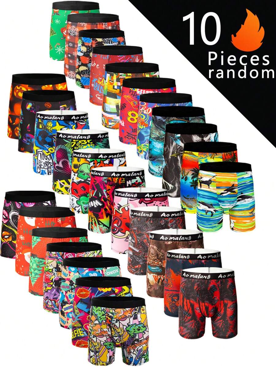 10pcs Fashionable Pattern Men's Long Boxer Briefs, Graffiti Style High Elasticity Long Boxer Briefs, Sports Trunks, Novelty Men's Underwear, Cycling Shorts - Multicolor - View 1