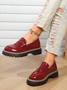 Women's Fashionable Versatile Shiny Platform Loafers - Burgundy - View 3