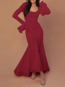 Vestito a maniche lunghe con volant in vita, da donna, per l'autunno