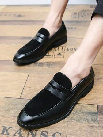 New Business Men's Loafers Pointed Toe Formal Shoes With Embossed Pattern, For Office, Banquet, And Casual Wear, Slip-On Style, Versatile Dress Shoes For Groom