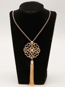 1pc Ins Style Long Tassel Necklace With Hollow Lotus Shaped Pendant For Women, Simple Autumn And Winter Fashion Accessory - Gold - View 1