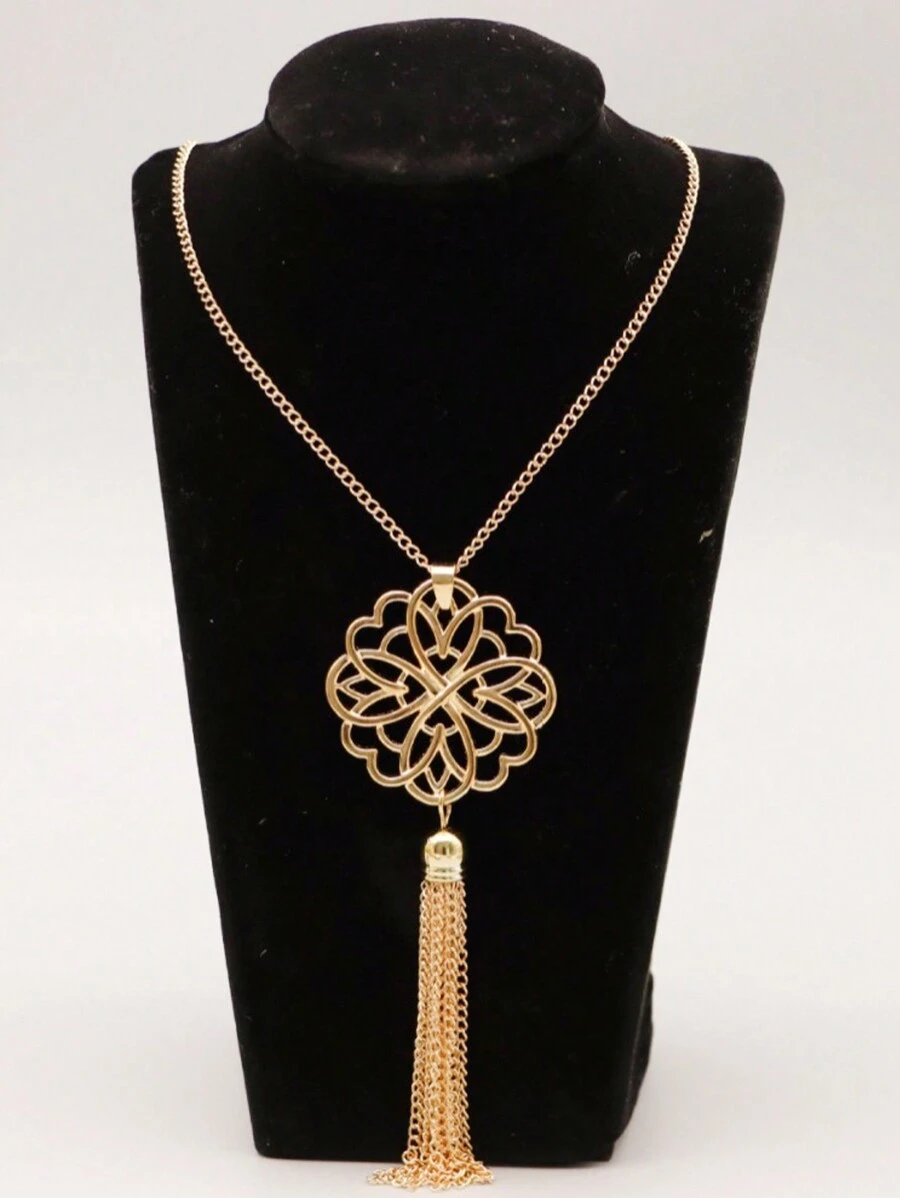 1pc Ins Style Long Tassel Necklace With Hollow Lotus Shaped Pendant For Women, Simple Autumn And Winter Fashion Accessory - Gold - View 1