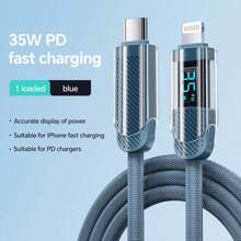 Smart Digital Display USB-C To Lightning Fast Charging Cable Cable, Nylon Braids Sync Cable, Compatible With IPhone 13/12/11 Series And Compatible With IPad, Compatible With AirPods High-Speed Data Transfer And Charging Compatible MFi Certified - Blue - View 1