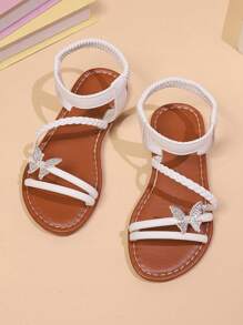 1 双幼儿/小女孩平底凉鞋，带闪亮珍珠和蝴蝶装饰，PU 可调节带子，圆头，防滑，时尚可爱的罗马风格凉鞋，适合 3-15 岁女孩，春/秋季，日常/派对/旅行穿着