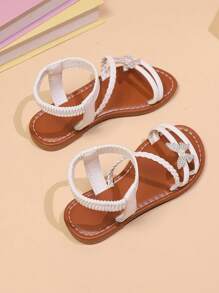 1 双幼儿/小女孩平底凉鞋，带闪亮珍珠和蝴蝶装饰，PU 可调节带子，圆头，防滑，时尚可爱的罗马风格凉鞋，适合 3-15 岁女孩，春/秋季，日常/派对/旅行穿着