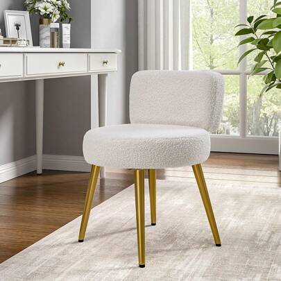 Living And Home 1 Piece Cream Faux Fur Cozy Vanity Stool Chair With Metal Legs,Plush Upholstery Dressing Table Stool Accent Side Chair,Side Corner Teddy Sofa Chair,Rest Chair For Living Room, Bedroom, Lounge,Makeup Room,Small Space