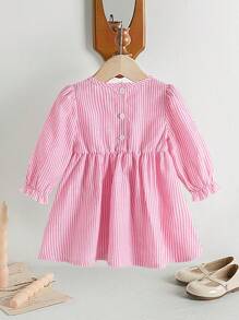 Vestido con mangas farol a rayas rosa de primavera y otoño con lazo y decoración floral, adecuado para el uso diario y fiestas - Rosa - Ver 2