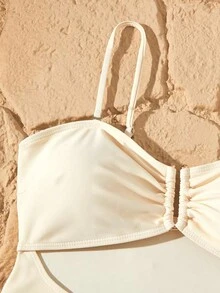 Conjunto de traje de baño de una pieza sin mangas con falda de cobertura de encaje, nueva llegada del verano 2025 - Albaricoque - Ver 7