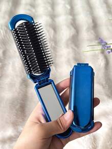 1pc Shiny Electroplated Blue Foldable Comb With Built-In Small Mirror, Compact And Portable For Bag - Blue - View 7