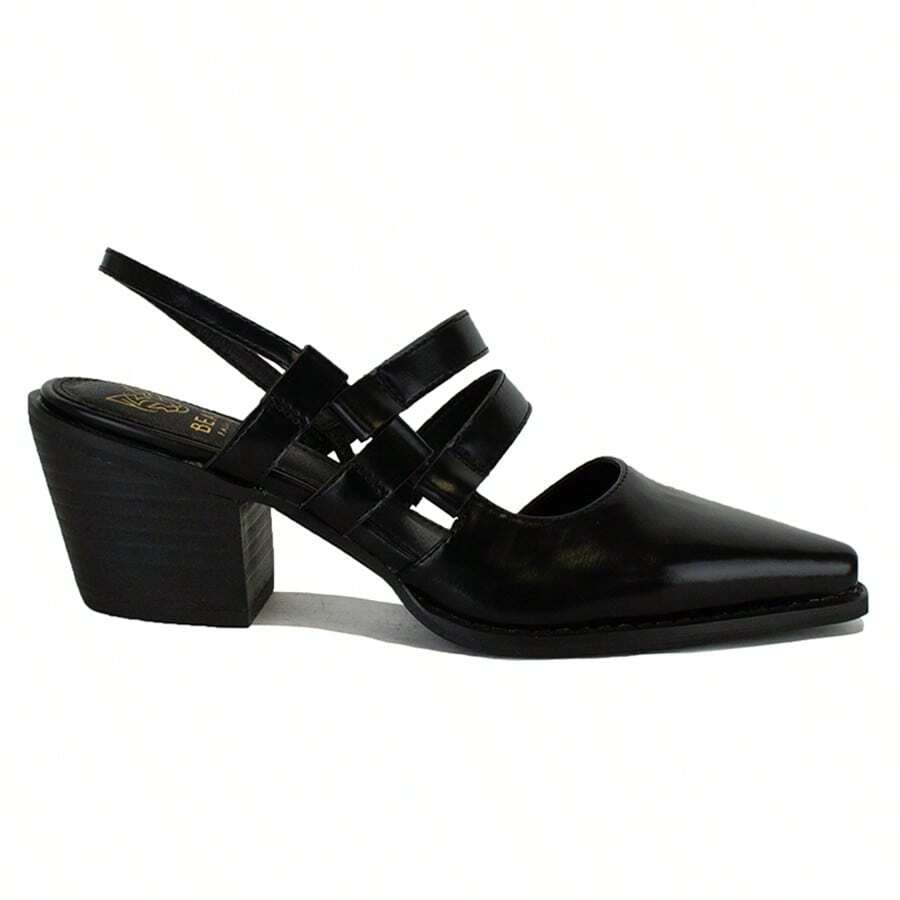 Women's Stacked Block Heels Pointed Toe Slip On Strappy Shoes - 黑色 - 查看 1