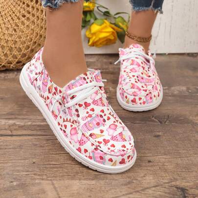 Scarpe casual da donna sportive, stile alla moda versatile, con punta tonda e allacciatura, stampa a cuore cartoni animati di San Valentino, adatte per la città e per uso all'aperto