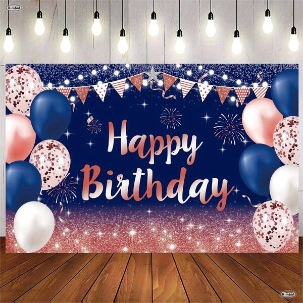 1pc, Sparkling Happy Birthday Banner - Unisex Photo Background, Suitable For Celebrations From 16 To 50 Years Old, Durable Polyester Fiber, Rose Gold And Navy Blue
