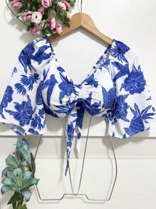 Elegant Cropped Printed Top. - 藍色 - 查看 1