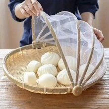 1 pieza Bandeja de cesta de servicio de alimentos tejida a mano, Cubierta de frutas para exteriores, Cesta de almacenamiento tejida de bambú contra insectos, Herramienta de pala para picnic