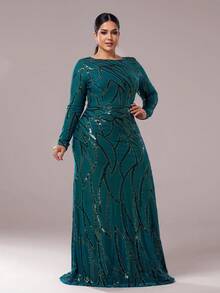 seomiscky 女士加大码长袖亮片装饰紧身连衣裙、晚礼服、派对礼服、婚礼宾客礼服、正式礼服 - 綠色 - 查看 4