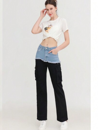 OK@Y moda Pantalones de mezclilla con gabardina strech estilo cargo de moda