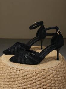 Hollow Point Toe Stiletto High Heel Pumps With Ankle Strap For Women - Black - View 3