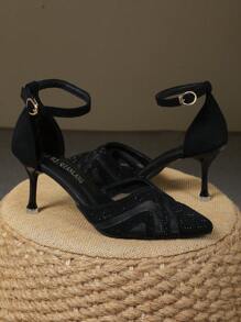 Hollow Point Toe Stiletto High Heel Pumps With Ankle Strap For Women - Black - View 5
